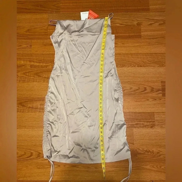 Unique21 Slip Dress Women UK 12 US 8 Gathered Side Satin Cowl Neck Zip Taupe NEW - Picture 11 of 11